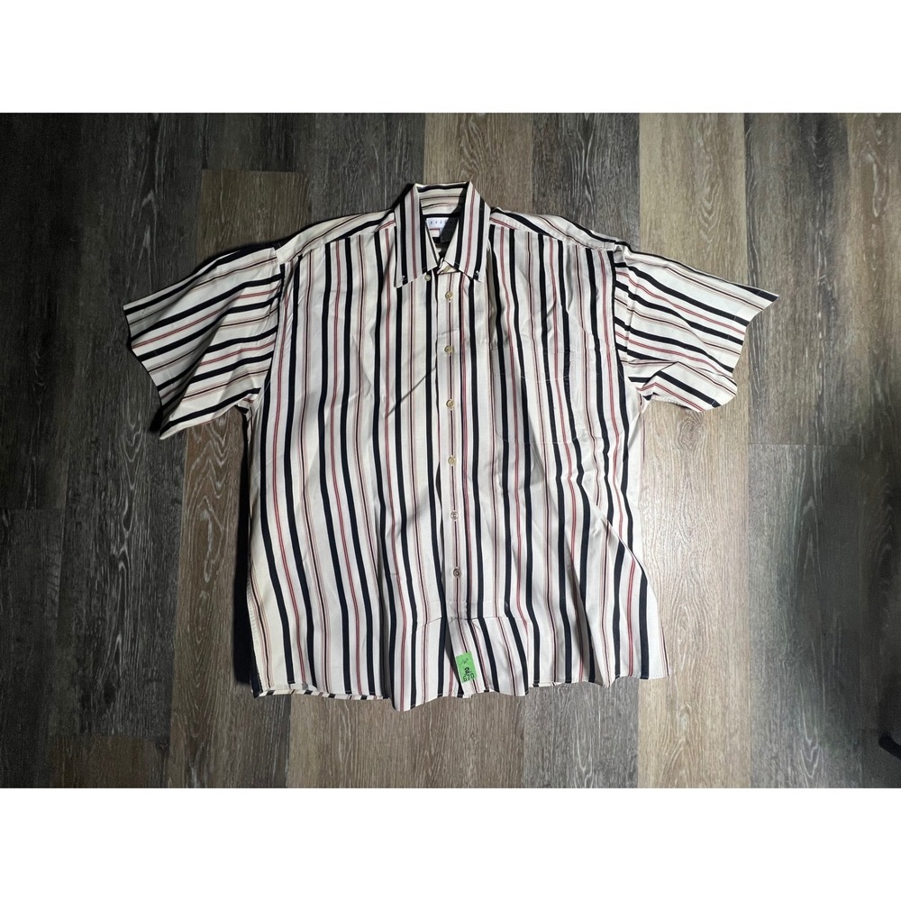 Tribute Button Down Shirt Mens Large Cream Navy Red Striped Good Short Sleeve